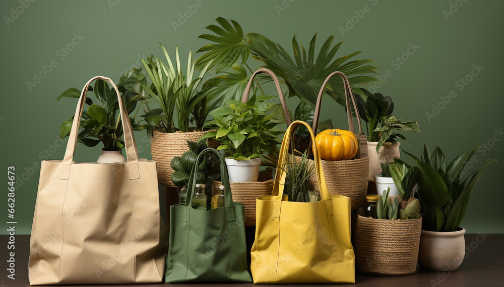 Green bag holds nature gift, a leafy packet of freshness generated by AI