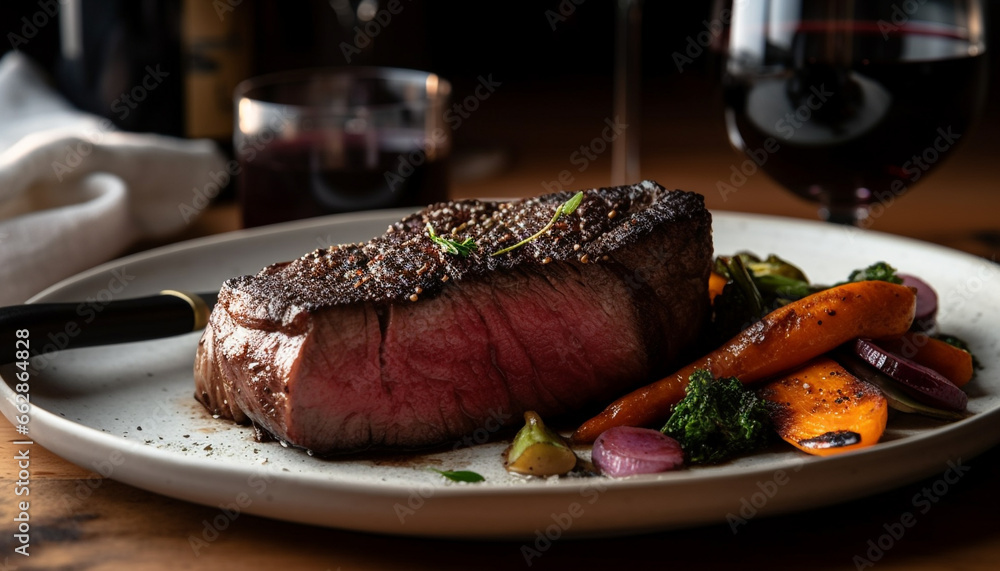 Grilled steak, cooked to perfection, ready to eat on plate generated by AI