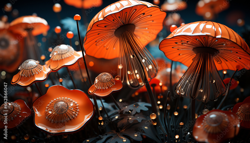 Autumn beauty in nature: a colorful forest with mushroom patterns generated by AI