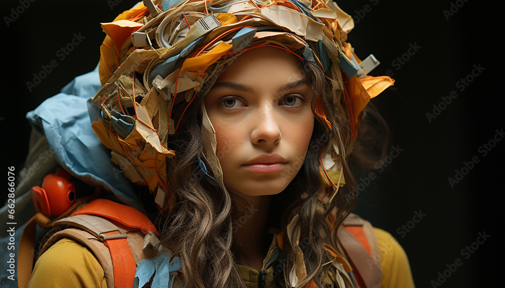 Young woman with brown hair, smiling, looking at camera in nature generated by AI