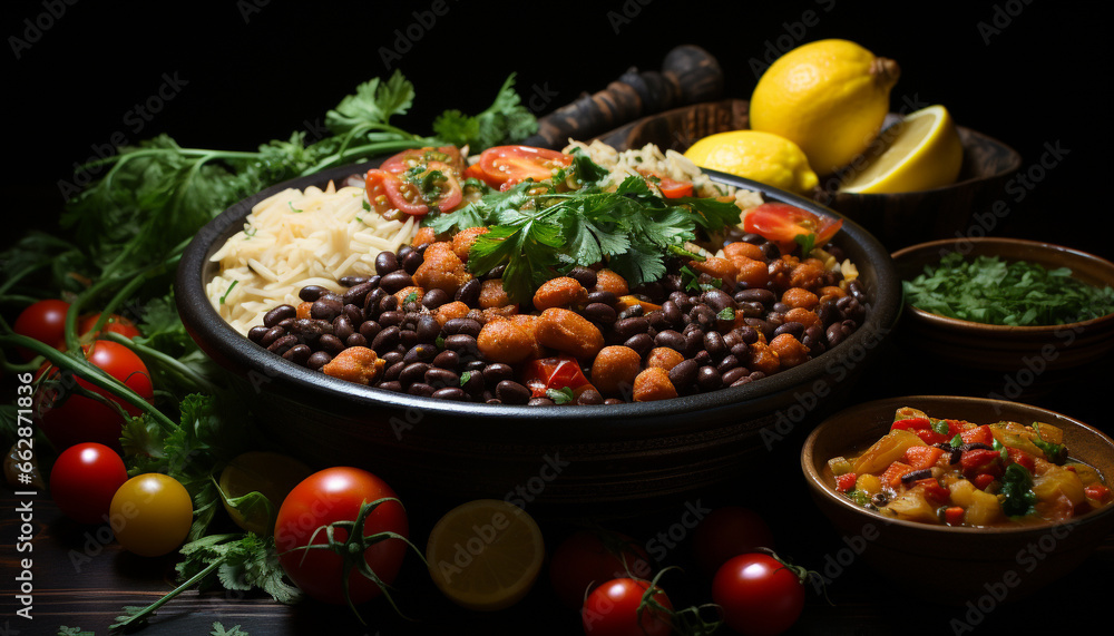 Freshness on a wooden table, gourmet salad with healthy vegetables generated by AI