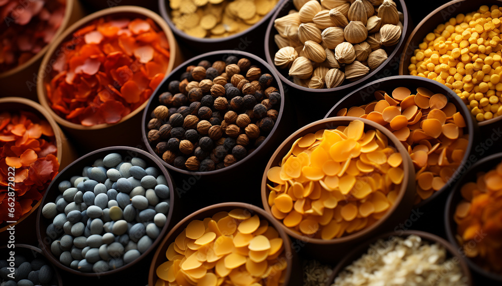 A collection of vibrant, healthy ingredients in a wooden bowl generated by AI