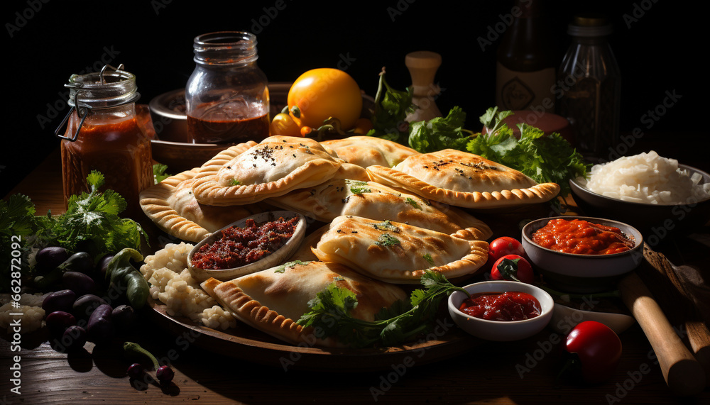 Freshness and spice on a rustic wooden table, grilled meat meal generated by AI