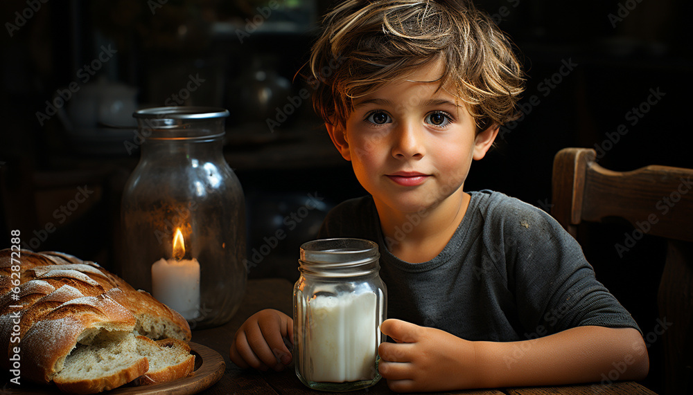 Smiling child eating bread and milk, cute portrait indoors generated by AI