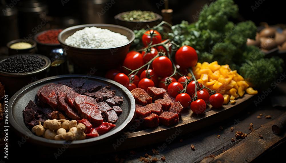 Freshness on a wooden table  grilled steak, organic vegetables, gourmet meal generated by AI