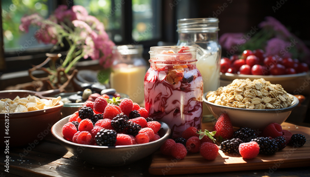 Fresh raspberry yogurt, a healthy and delicious homemade summer snack generated by AI