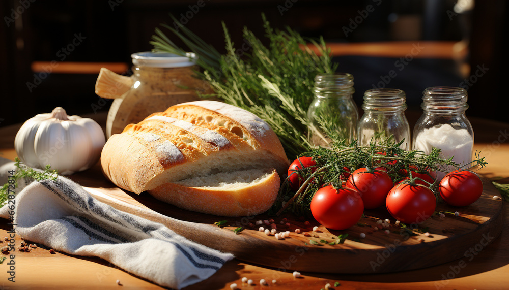 Freshness on a wooden table  grilled meat, homemade bread, healthy eating generated by AI