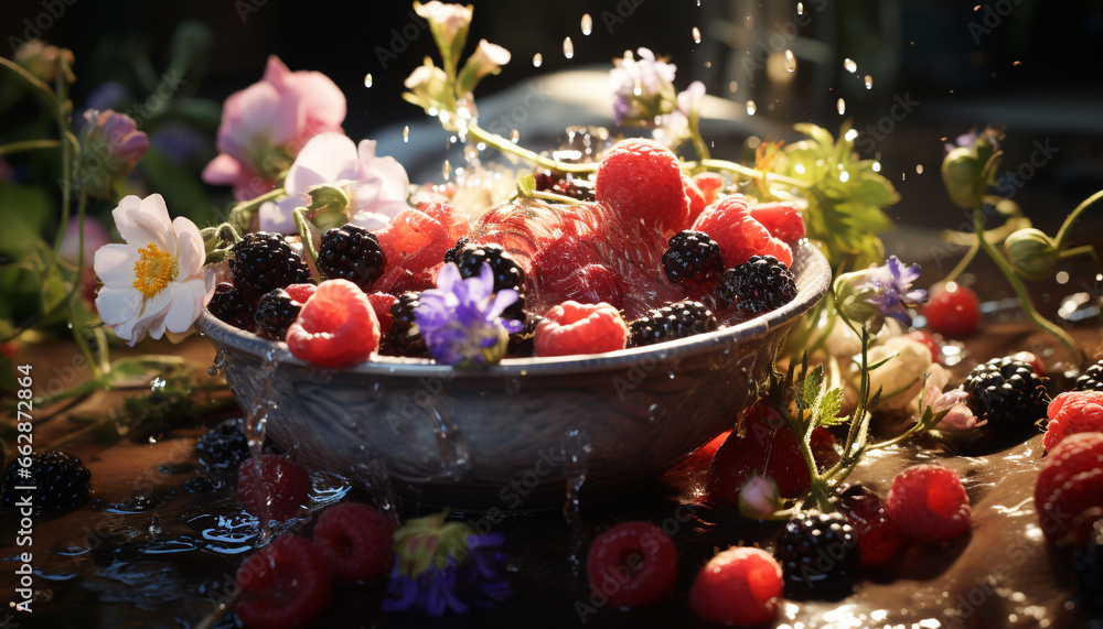 Freshness of summer berries, nature sweet and healthy gourmet dessert generated by AI