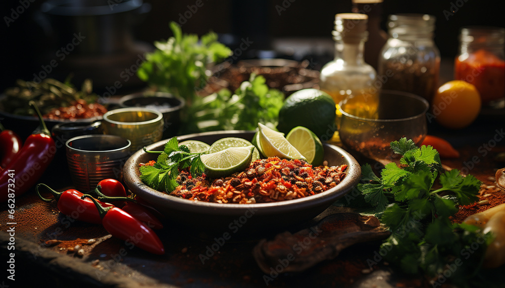 Freshness and spice in a rustic, healthy, homemade vegetarian meal generated by AI