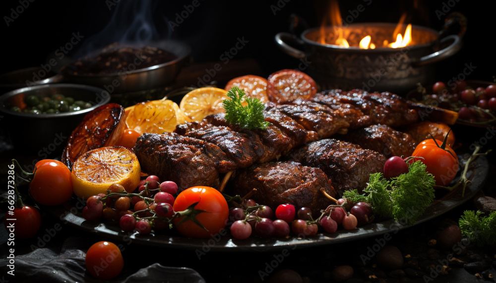 Grilled meat on a plate, cooked to perfection, ready to eat generated by AI