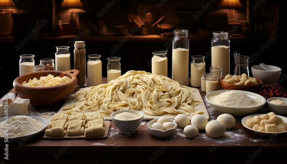 Fresh homemade pasta dough on wooden table, preparing healthy Italian meal generated by AI