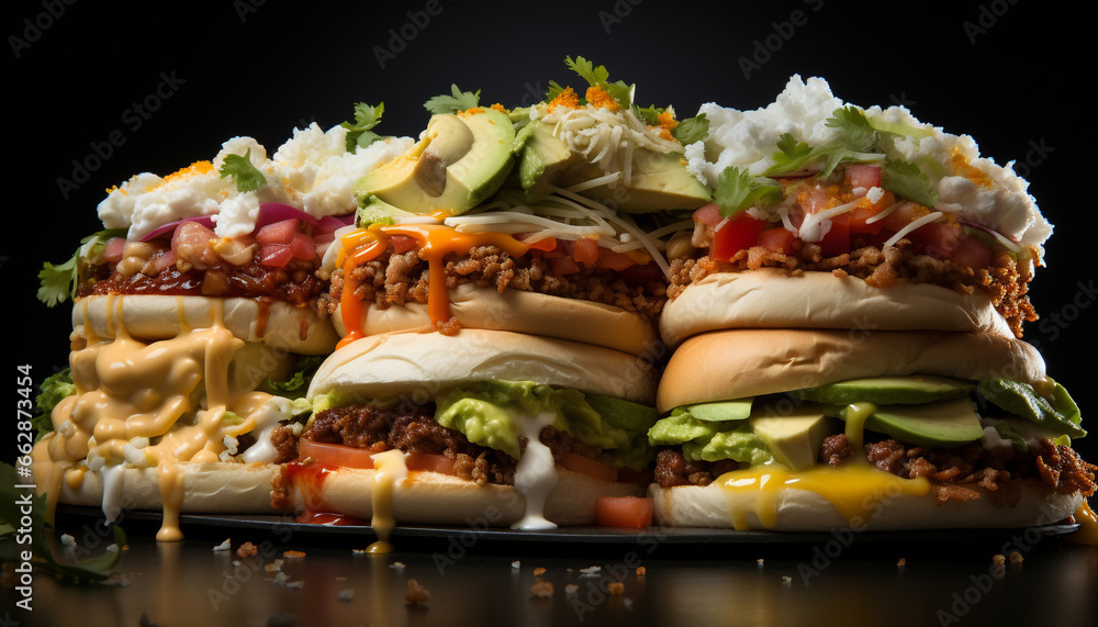 Grilled beef sandwich with fresh tomato, onion, and gourmet salad generated by AI