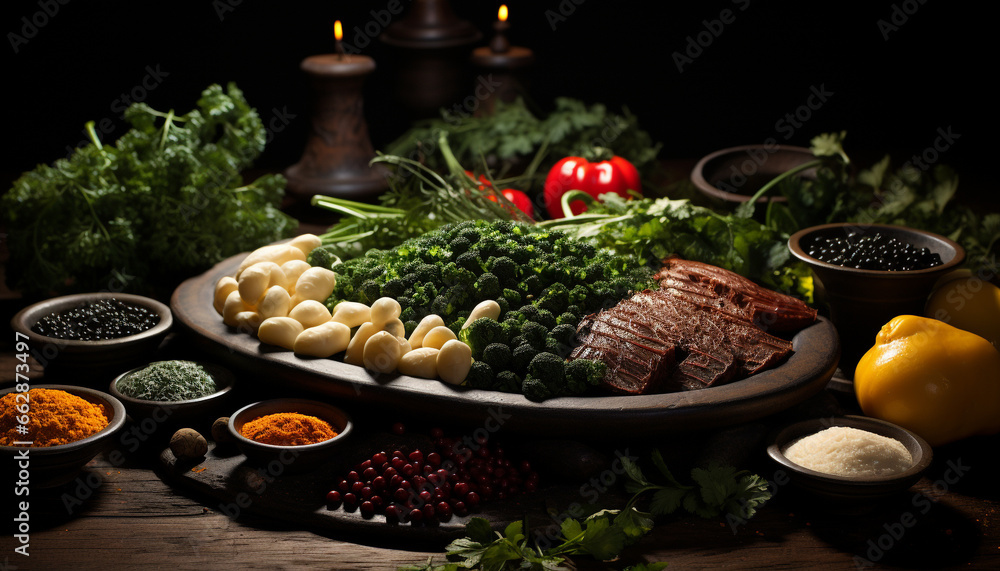 Freshness and nature on a wooden table, healthy eating with grilled meat generated by AI