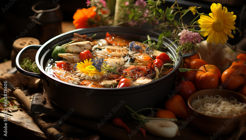 Freshness and nature on a rustic table, healthy gourmet vegetarian meal generated by AI