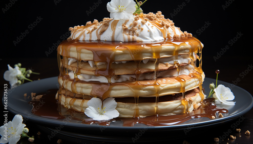 Freshness and sweetness on a plate, a stack of homemade pancakes generated by AI