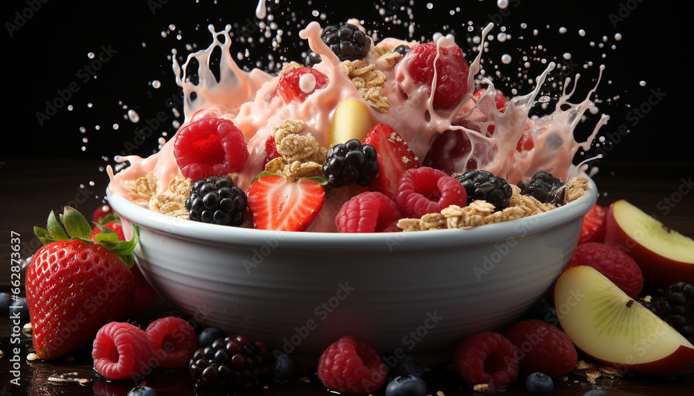 Raspberry fruit bowl, freshness in gourmet dessert, healthy eating snack generated by AI