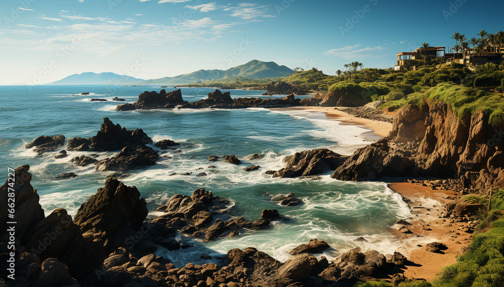 Idyllic sunset over rocky coastline, waves crash on sandy beach generated by AI