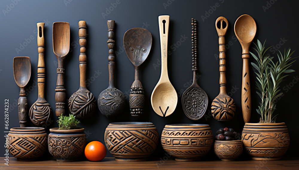 Wooden spoon collection adorns rustic kitchen table, a decorative set generated by AI