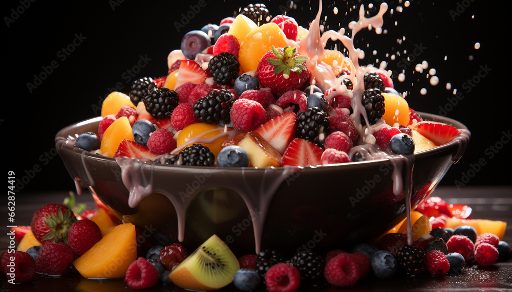 Freshness and indulgence on a wooden table, a berry fruit salad generated by AI