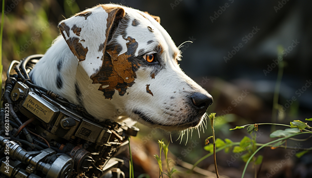 Cute puppy sitting in grass, looking at camera with loyalty generated by AI