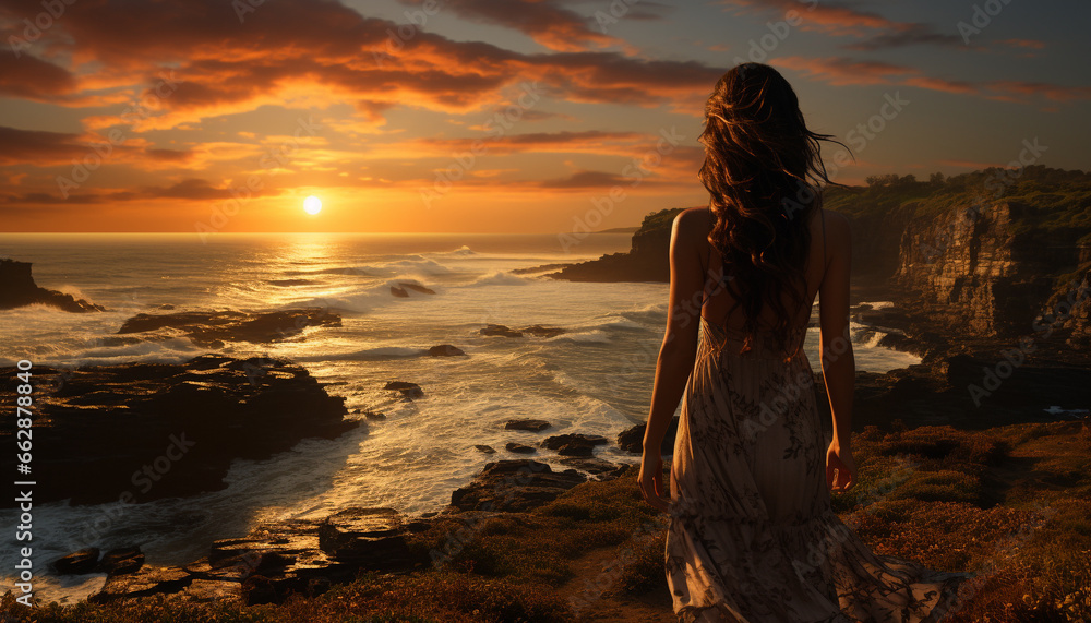 A serene woman stands on a cliff, looking at the sunset generated by AI