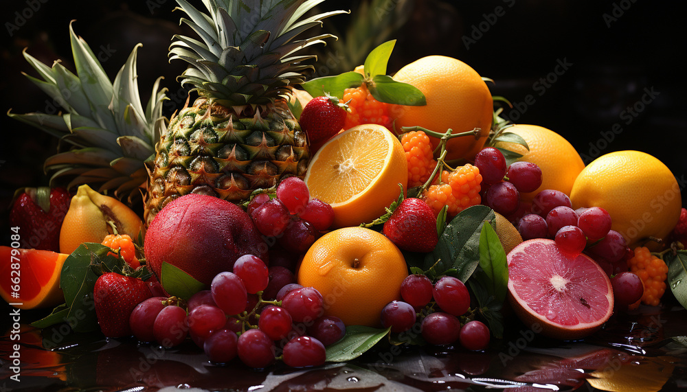 Freshness of nature bounty: pineapple, grape, orange, citrus, green leaf generated by AI