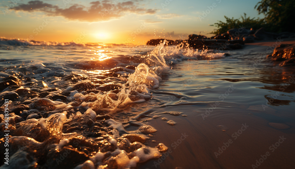 Sunset over water, waves crash on sandy coastline, nature beauty generated by AI