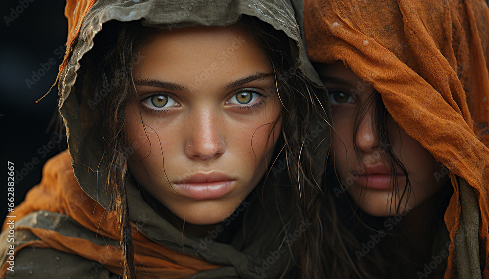 Beautiful young women in autumn, smiling, looking at camera confidently generated by AI