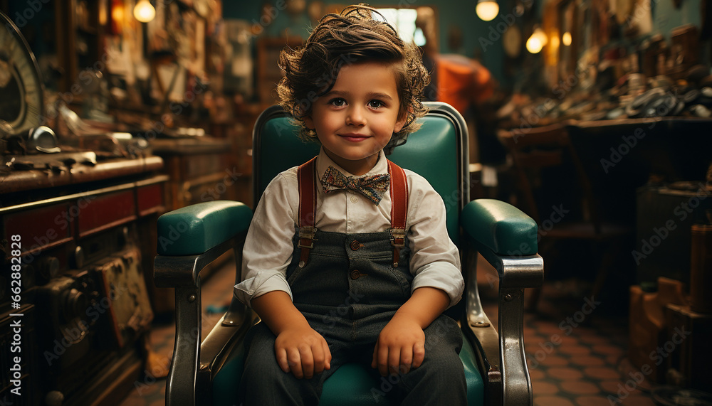 Smiling Caucasian boy sitting indoors, looking at camera, cute and cheerful generated by AI