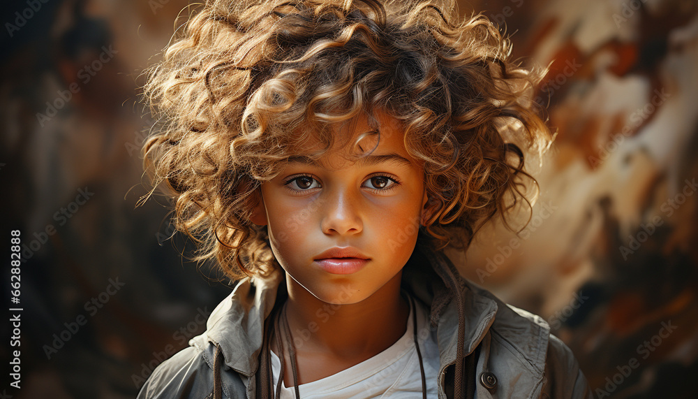 Portrait of a cute curly haired child looking at the camera generated by AI