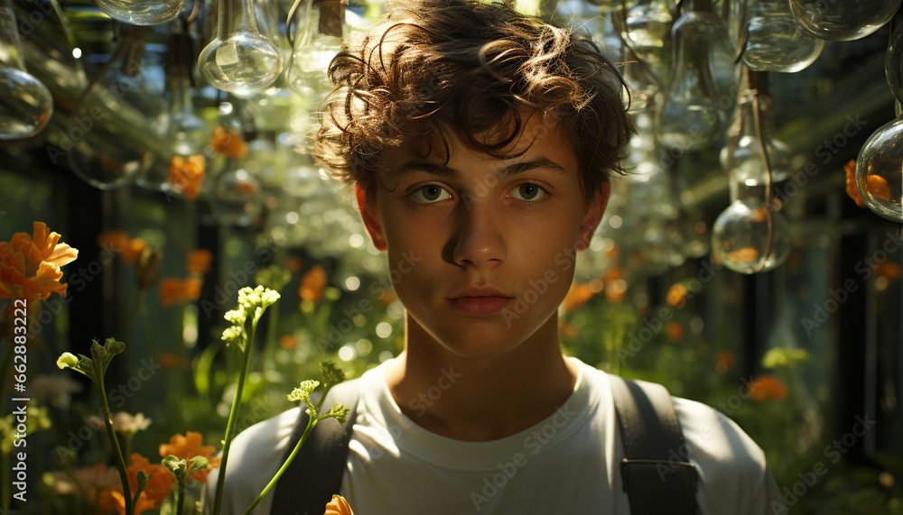 Caucasian child looking at camera, smiling, surrounded by nature beauty generated by AI