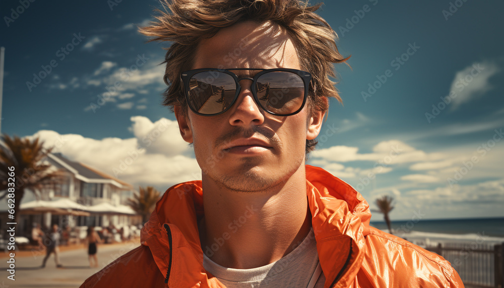 Man in sunglasses looking at camera, enjoying summer vacation in nature generated by AI