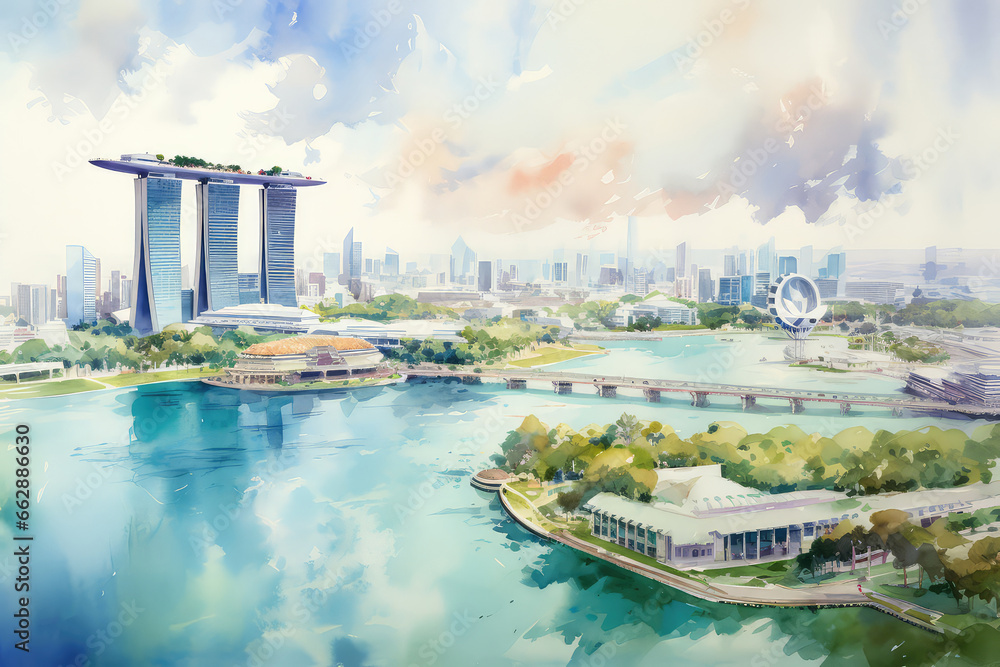 oil painting on canvas, Singapore cityscape at dusk. Landscape of Singapore business building around Marina bay. Modern high building in business district area. (ai generated)