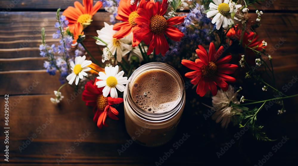  a jar of coffee sitting next to a bouquet of flowers.  generative ai