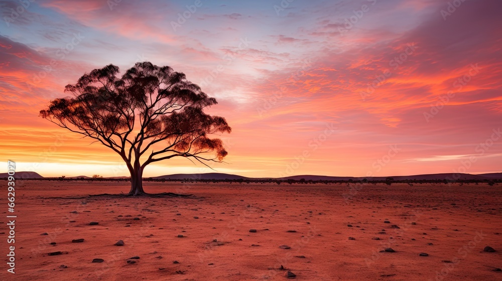  a lone tree in the middle of a desert at sunset.  generative ai