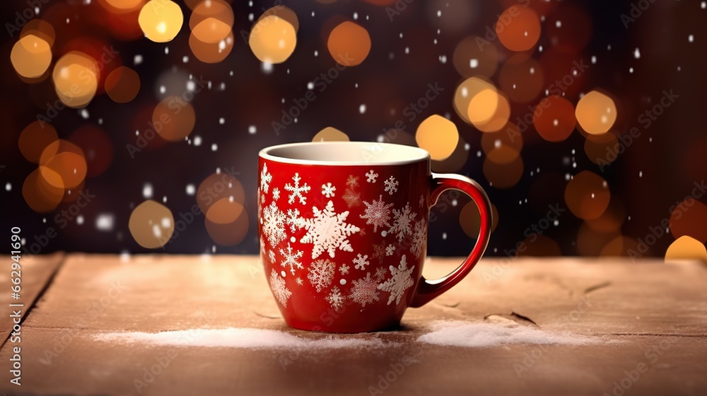  a red coffee cup with a snowflake pattern on it.  generative ai