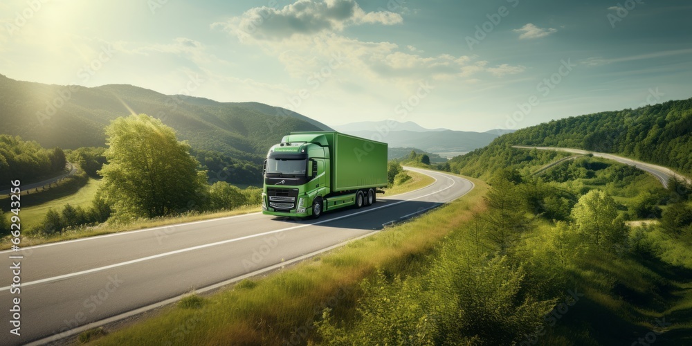 Eco-Friendly Journey: A White Truck Drives Through the Lush Green Hills and Forests, Symbolizing Sustainable Transportation Amidst Natures Beauty