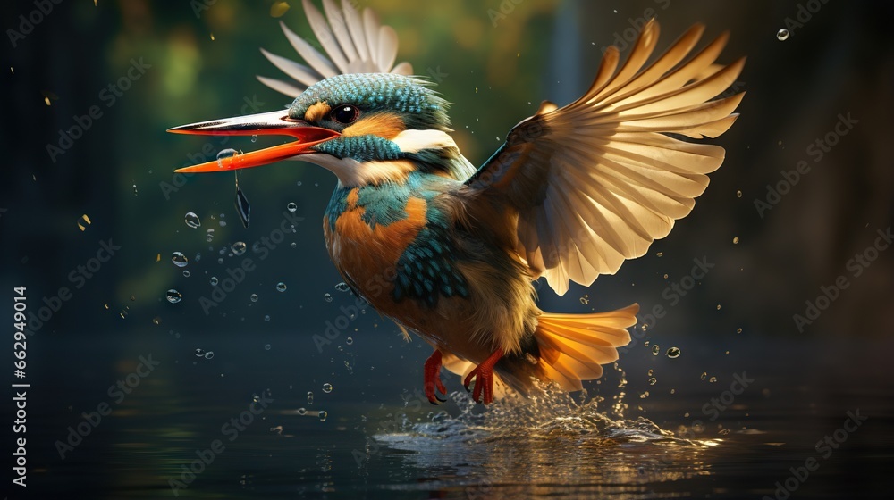  a colorful bird with its wings spread out in the water.  generative ai