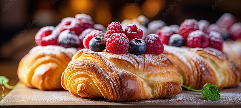 close up homemade croissant pie with fresh fruit,  look yummy, Generative Ai	 