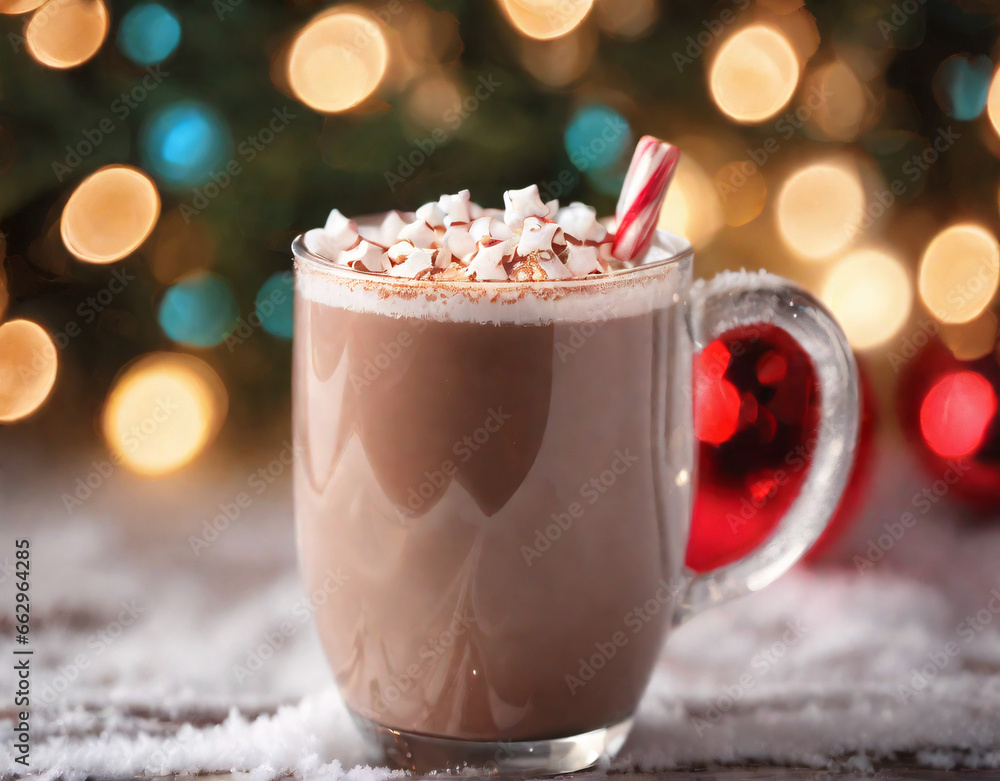 new years cocoa with marshmallows, hot chocolate, delicious, joyful, bokeh, christmas mood, a cup of winter hot cocoa