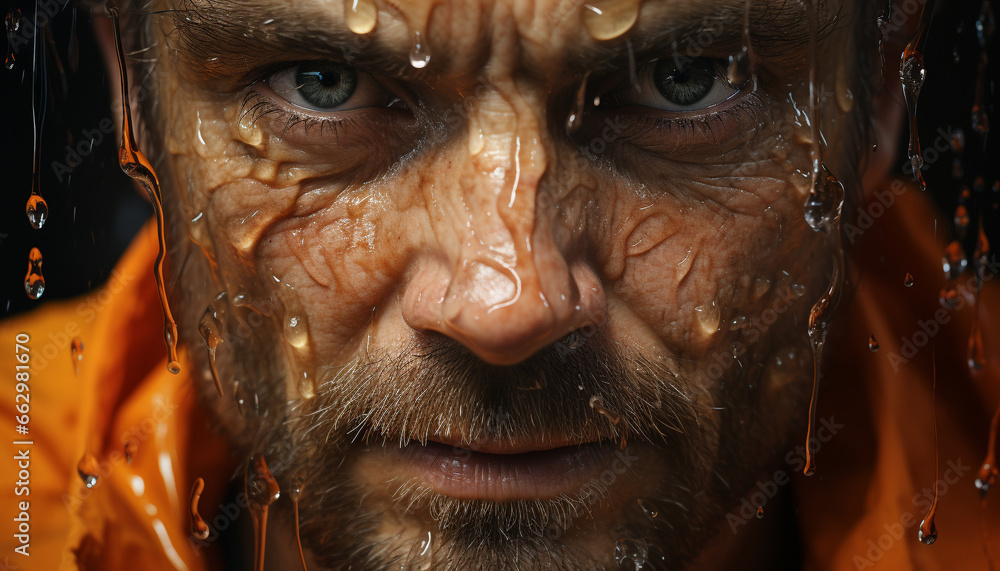 Smiling man with gray hair splashes water, looking at camera generated by AI