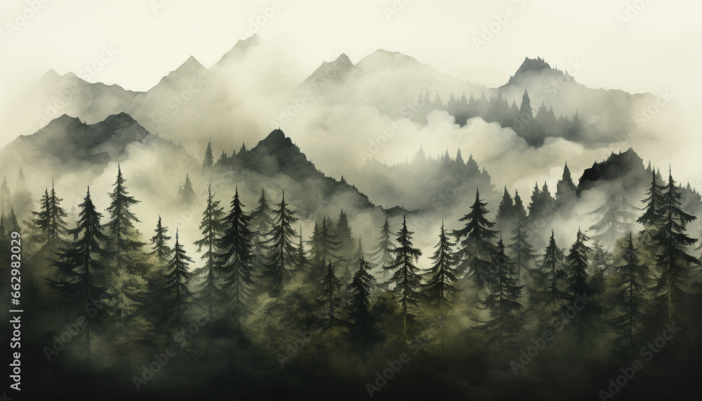 Mountain landscape with fog, trees, and grass in summer meadow generated by AI