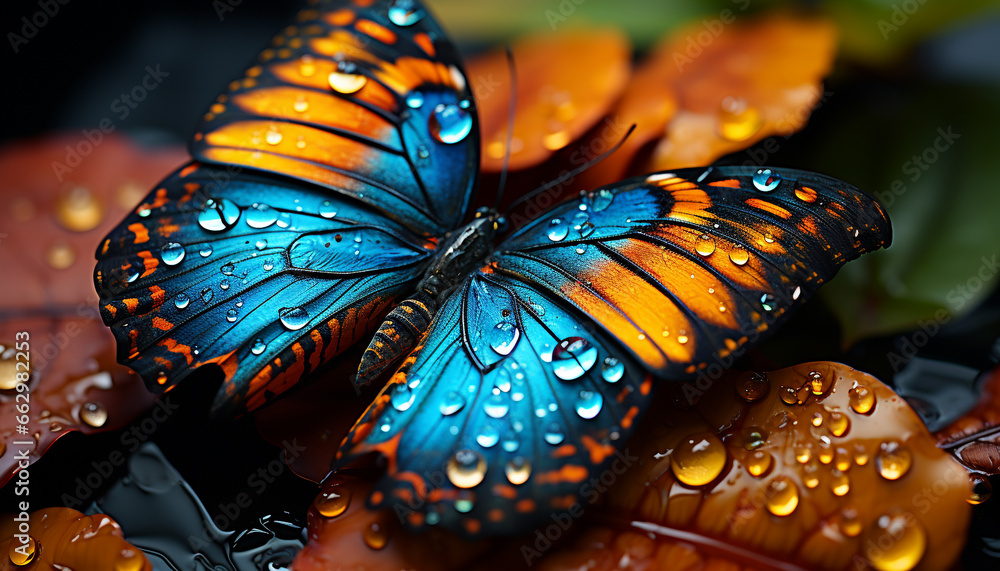 Vibrant butterfly in wet green forest, reflecting beauty of nature generated by AI