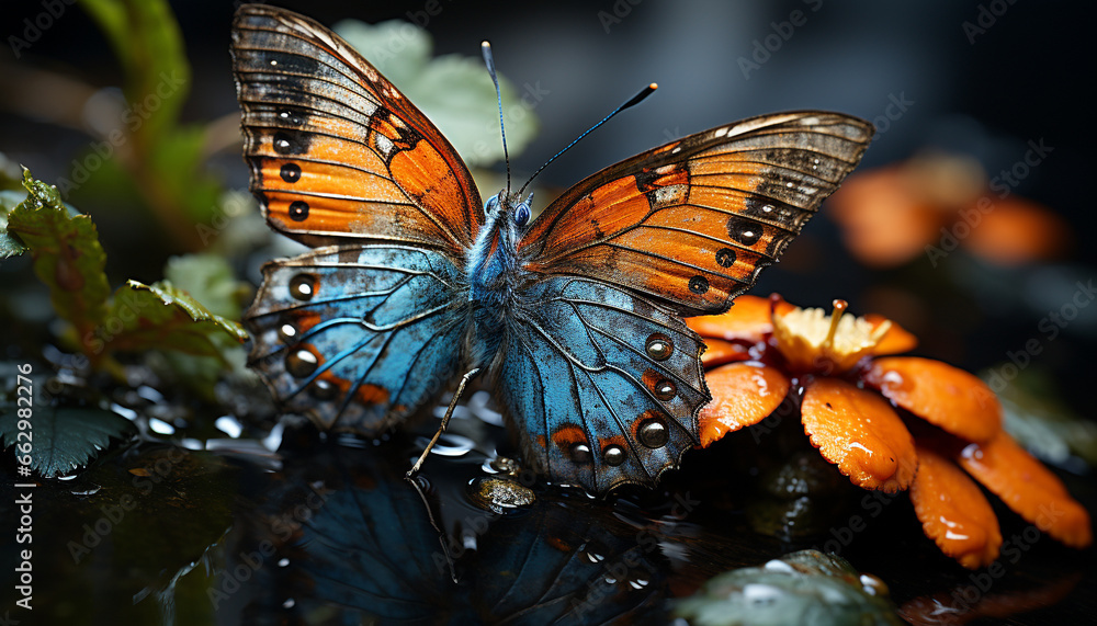 Butterfly wing, vibrant colors, green leaf, beauty in nature, flying generated by AI