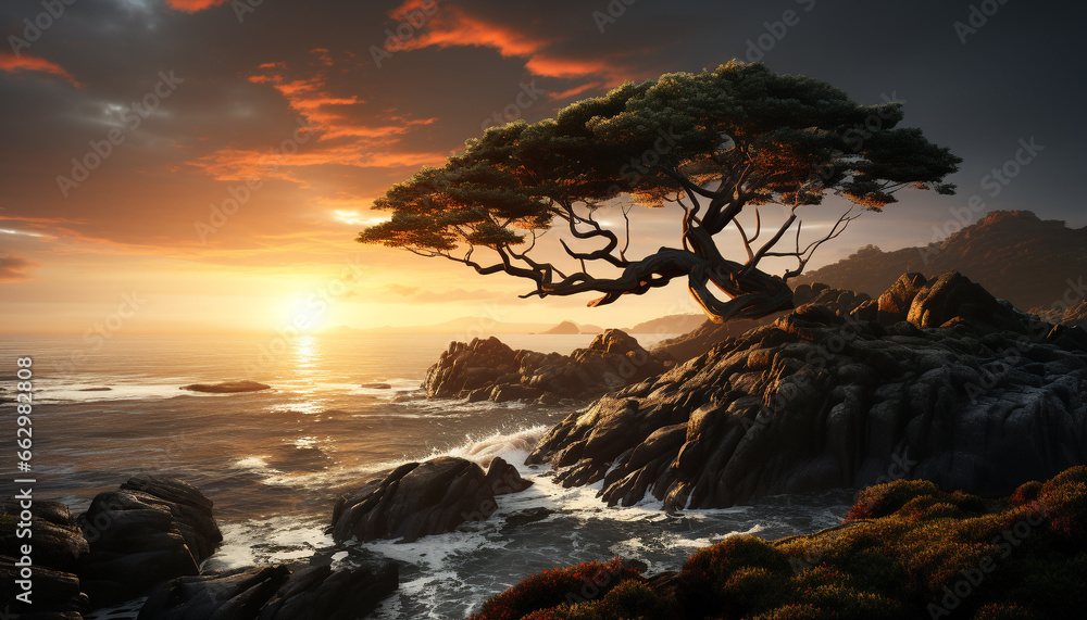 Tranquil scene  sunset paints nature beauty on rocky coastline generated by AI