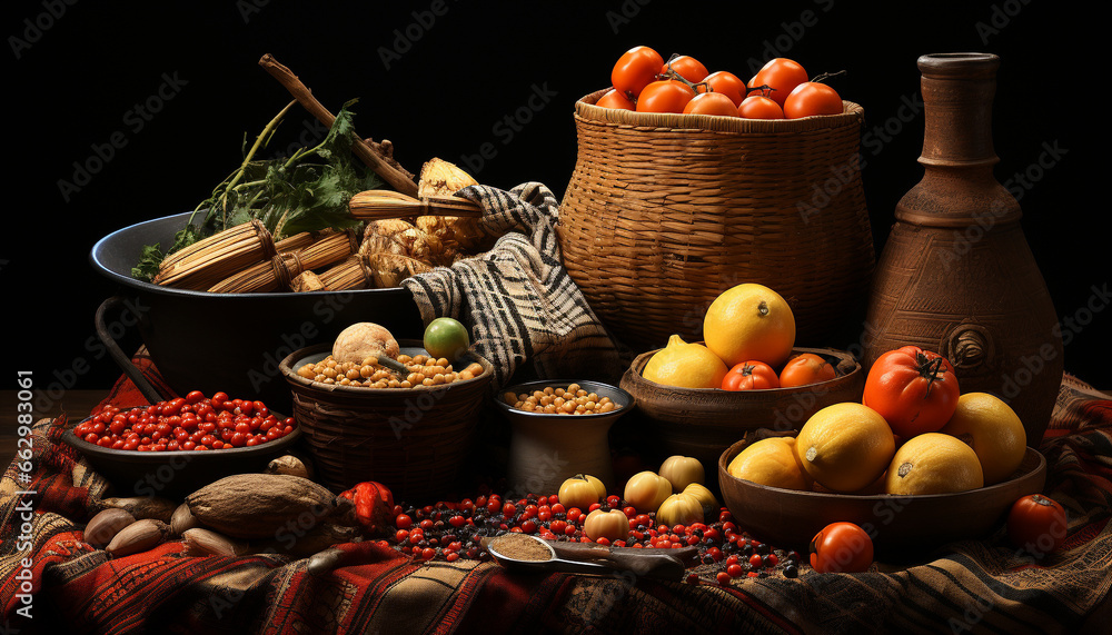 Freshness and abundance in a rustic bowl of organic autumn fruits generated by AI