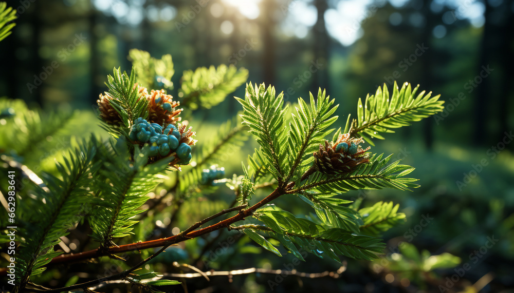 Nature green beauty blooms in the coniferous forest during springtime generated by AI