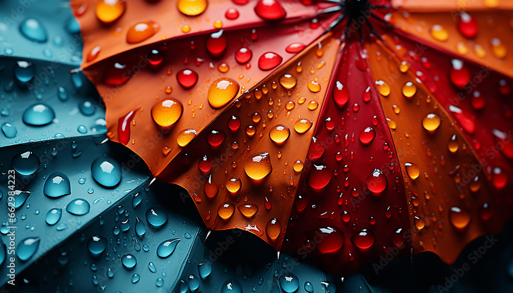 Raindrops on a wet leaf create a vibrant, shiny pattern generated by AI