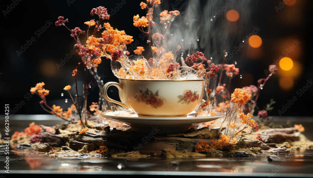 Hot drink, steam, coffee cup, autumn leaf, rustic wood table generated by AI