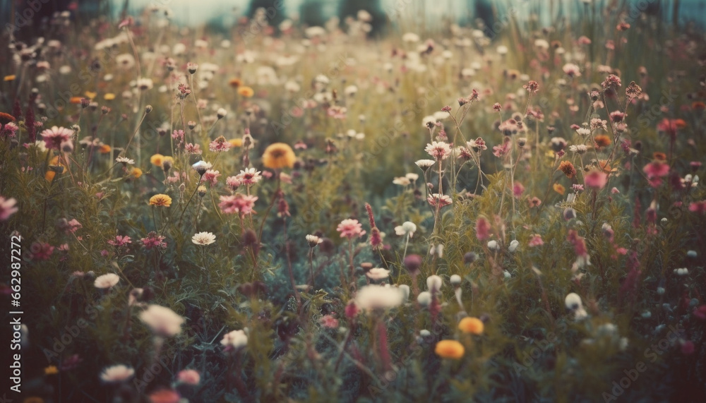 Wildflower meadow in rural landscape, beauty in nature growth generated by AI